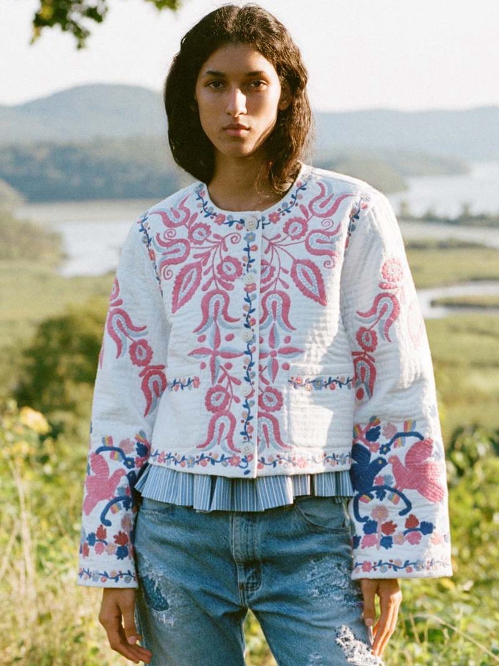 NWT $650 Sea New York Embroidered FloralWhite Cotton Cropped Jacket